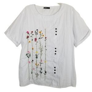 Izuria White Short Sleeve Pop Over Top Shirt Embroidered Flowers Button Size 2XL